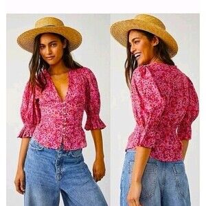 Free People Vibrant Pink Floral Blouse